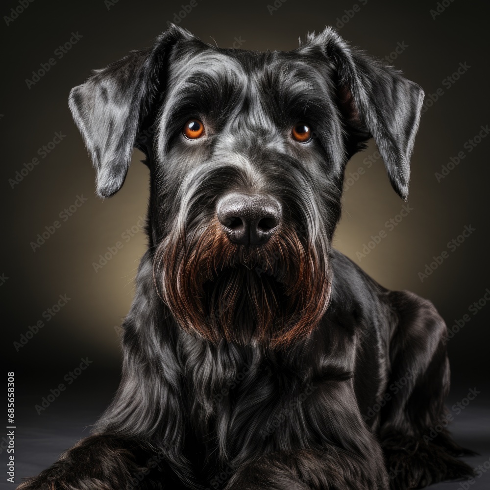 Black giant schnauzer looks at waiting for a reward