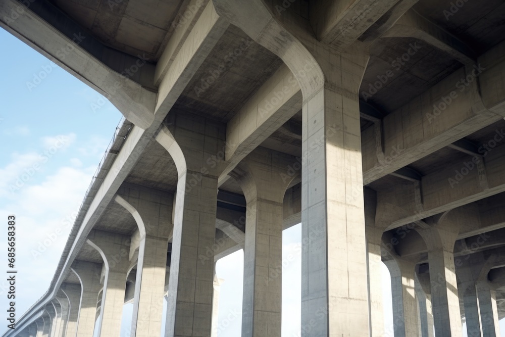 A view of the underside of a bridge with multiple columns. This image can be used to showcase architectural structures or as a background for engineering or construction-related projects.