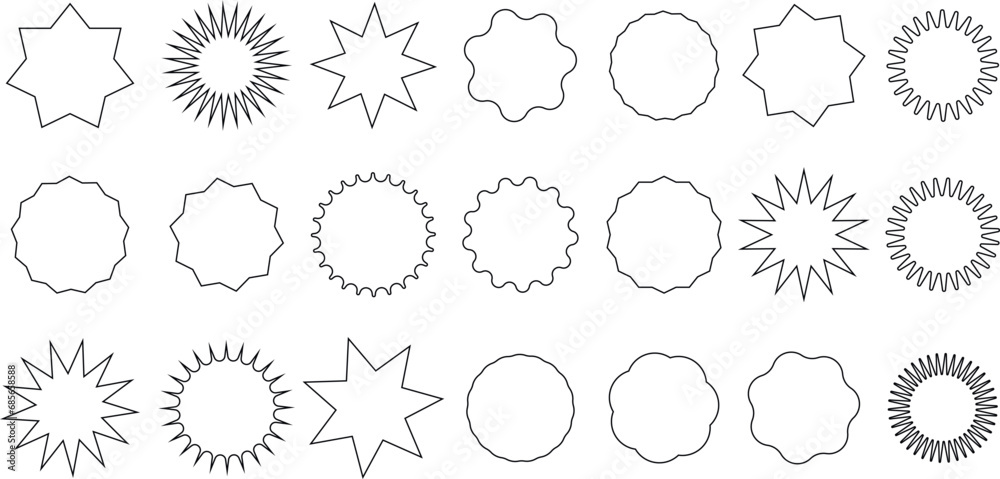 Set with star stickers. Stickers with price, sale, discounts. Promotional icons and labels for shopping. stars with and without a ray. Set with star stickers. Stickers with price, sale, discounts. Promotional icons and labels for shopping. stars with and without a ray.