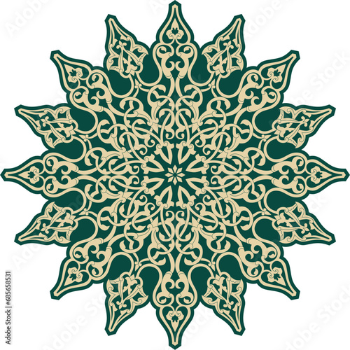Vector golden and green round turkish ornament. Endless ottoman national circle.