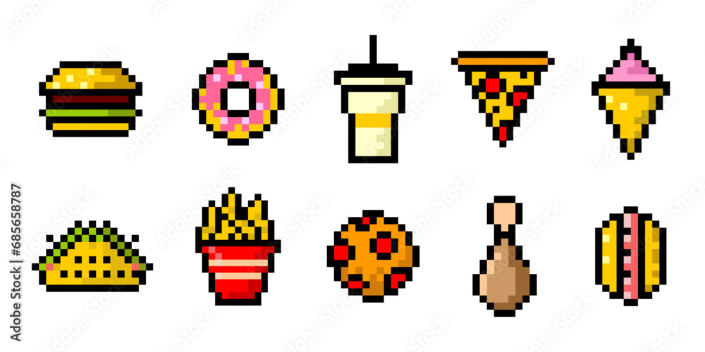 Fast food pixel art set of icons. Vintage, 8 bit, 80s, 90s games, computer arcade game items, pizza, ice cream, fries, hamburger. Vector illustration.