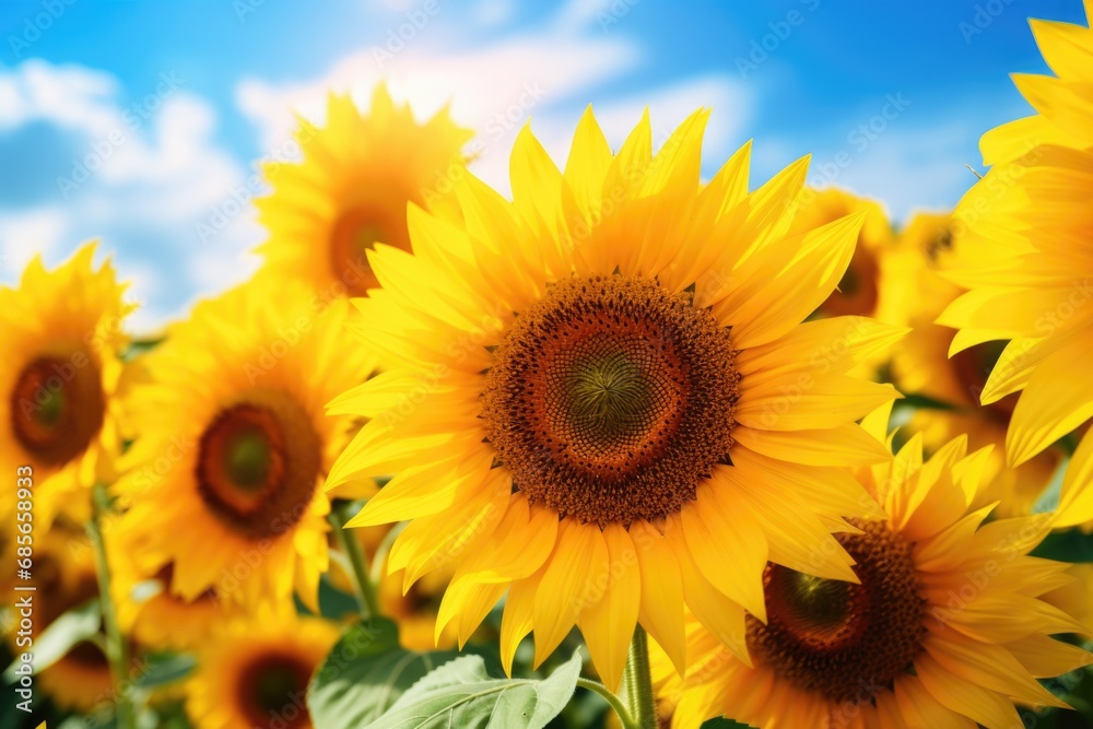 A picturesque field of vibrant sunflowers with a clear blue sky in the background. Perfect for adding a touch of nature and beauty to any project