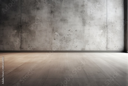 A room with a wooden floor and a concrete wall. This versatile image can be used to depict various interior design styles or as a background for showcasing furniture or decor