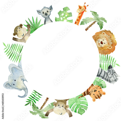 Photography Baby shower card. Watercolor safari card with animals.