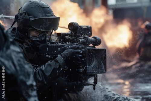 An image of a man wearing a helmet and holding a gun. This picture can be used to illustrate concepts related to law enforcement, military, security, or self-defense