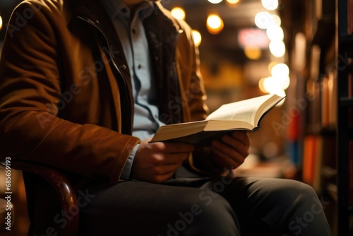 A man is pictured sitting in a chair, engrossed in reading a book. This image can be used to depict relaxation, leisure, or education