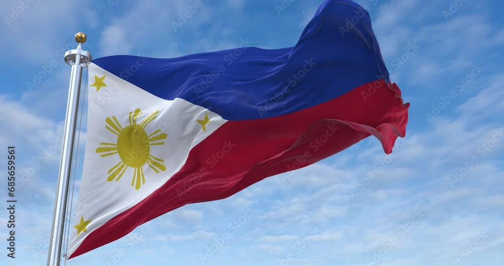 Philippines flag with flagpole waving in wind, rolling clouds background looping, 4K video (Perfect Loop)