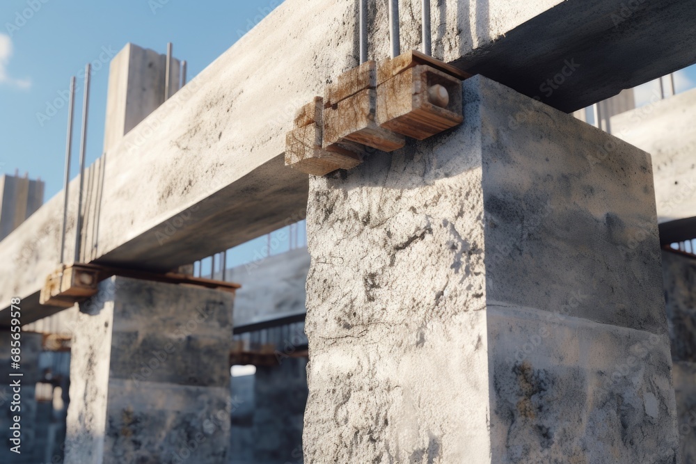 A close-up view of a concrete structure against a beautiful sky background. This image can be used to depict urban architecture, construction projects, or industrial landscapes