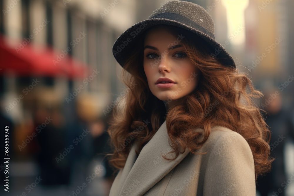 A woman wearing a hat and coat walking on a city street. This image can be used to depict urban fashion, city lifestyle, or a stylish woman on the go A woman wearing a hat and coat walking on a city street. This image can be used to depict urban fashion, city lifestyle, or a stylish woman on the go