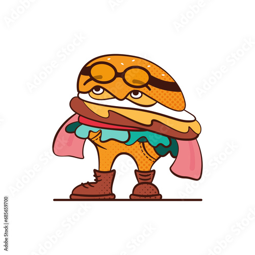 Burger mascot in retro style, perfect for t shirt design and fast food logo. photo