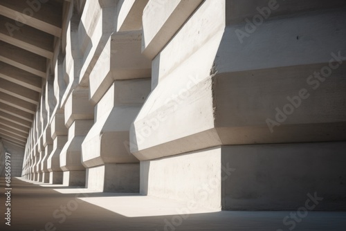 A picture of a long hallway with concrete columns and a skylight. This image can be used to depict an industrial or modern architectural setting.