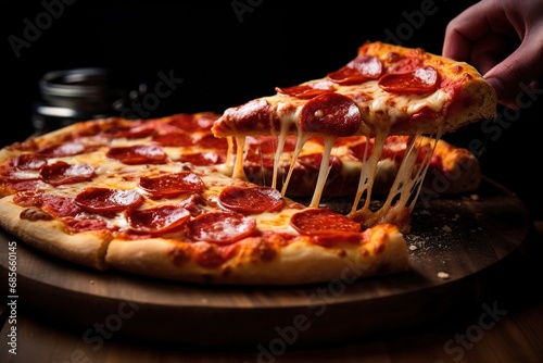 Pepperonipizza - Pizza, mit Peperoni Salami belegt. Pizzastücke geachtelt mit verlaufenden Käse. © Marco