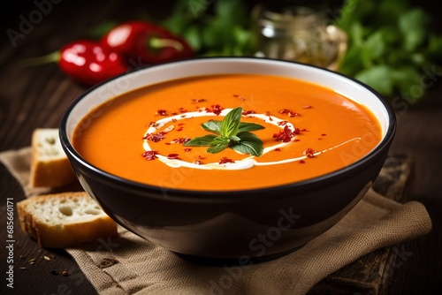 Rote Pfeffersuppe mit Creme Fraich. Orange Suppe wie auch eine Kürbissuppe oder Karottensuppe in einer Suppenschale. photo