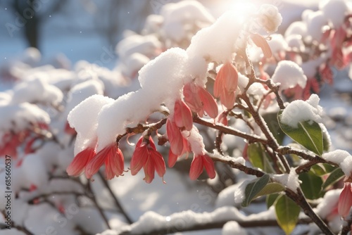 A bush covered in snow with vibrant red flowers. This image captures the beauty of nature in winter. Perfect for winter-themed projects or as a symbol of resilience and beauty.