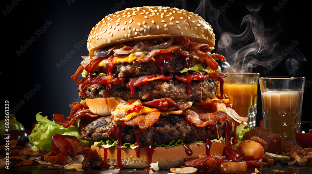Close-Up of a Pile of Randomly Arranged Burgers on an Icy Desktop. Close-Up of a Pile of Randomly Arranged Burgers on an Icy Desktop.