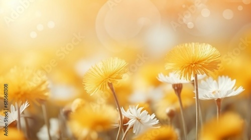 sunshine on easter flowers, empty abstract blurred spring background

