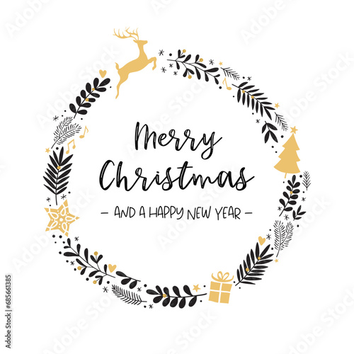Cute hand drawn christmas wreath with text "Merry Christmas and a Happy New Year", great for banners, wallpapers