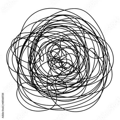 Complex confusion. Shaded round object. Abstract doodles. Sketch. Vector illustration. A hand-drawn ball with black shading. Outline on isolated background. Idea for web design.