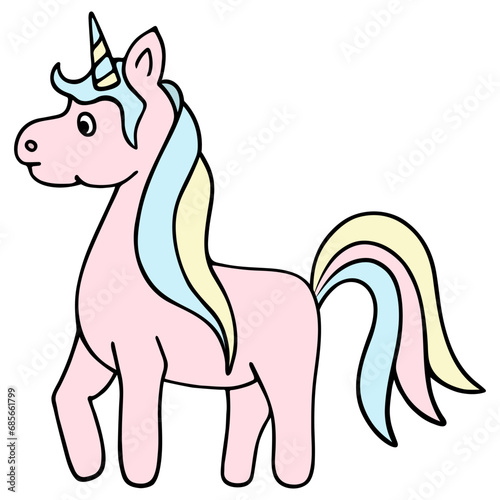 Pink unicorn. Magic horse with a horn on its head. Color vector illustration. Cartoon style. Cute pony with a lush blue-yellow mane and tail. Isolated background. Idea for web design.