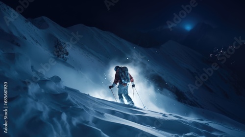 A man skiing down a snow-covered mountain photo realistic illustration - Generative AI.