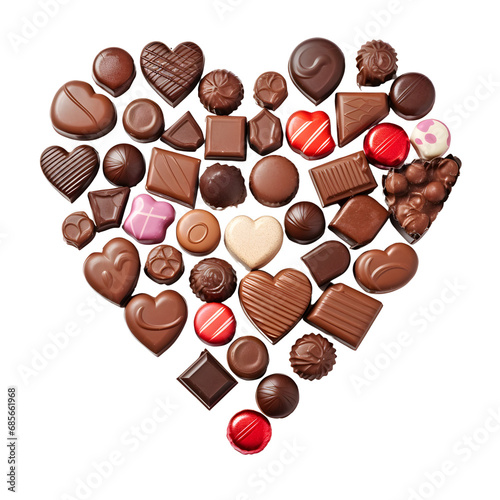 Heart-shaped design made of chocolate candies on a white background, ideal for sweet themes