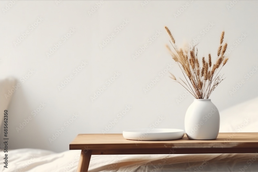 Naklejka premium Modern white ceramic vase with dry Lagurus ovatus grass and marble tray on vintage wooden bench, table. Blurred beige linen blanket in front. Scandinavian interior. Empty white wall. generative ai.