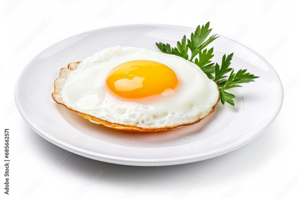 Delicious and appetizing fried egg on a white plate isolated on a clean white background Delicious and appetizing fried egg on a white plate isolated on a clean white background