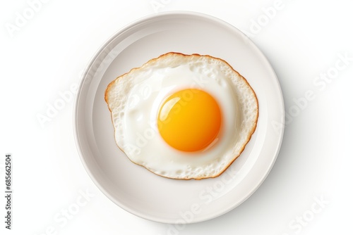Tempting fried egg with runny yolk on white plate, isolated on clean white background