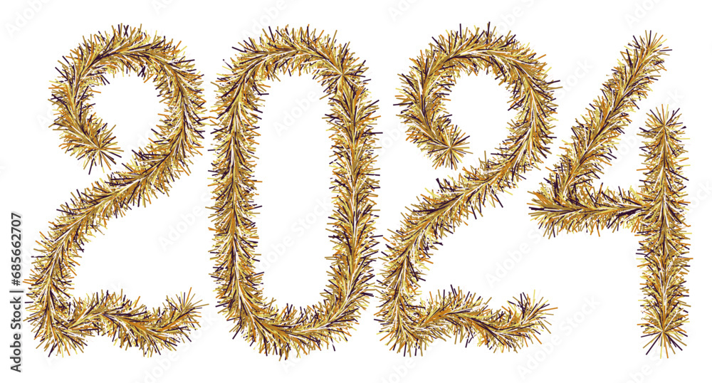 Fototapeta premium Tinsel. 2024. Lettering from a festive Christmas decoration. Fluffy numbers. Dark gold color. Vector illustration. Isolated background. Cute plush message. The coming year. Rustling lettering. 