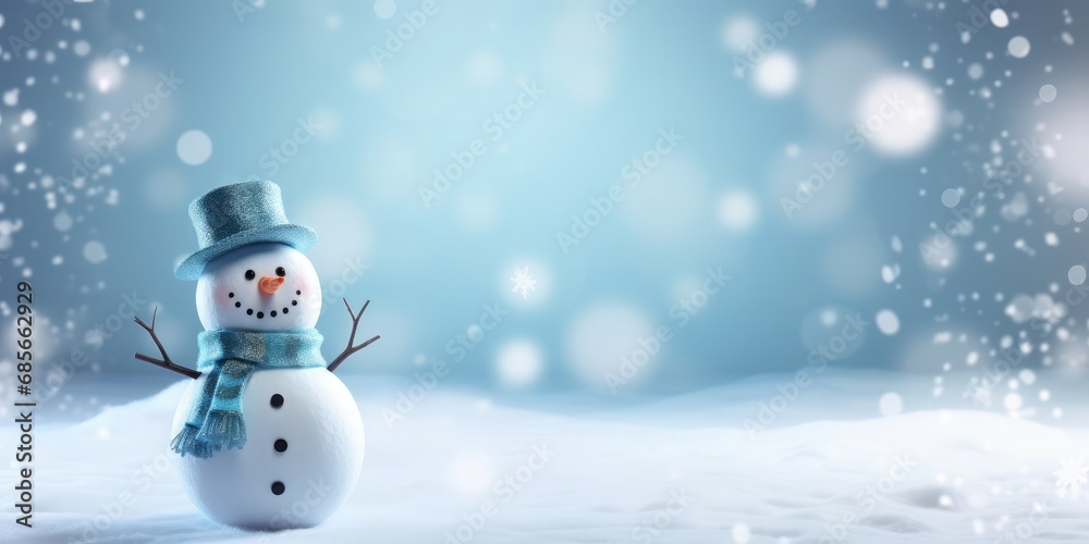 Christmas winter background with snow, one cute snowman and blurred bokeh. Merry Christmas and happy new year Vector illustration with empty space for text Christmas winter background with snow, one cute snowman and blurred bokeh. Merry Christmas and happy new year Vector illustration with empty space for text