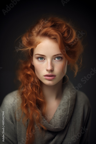Redhead Beautiful Woman wearing a sweater, Irish - Dutch descent.