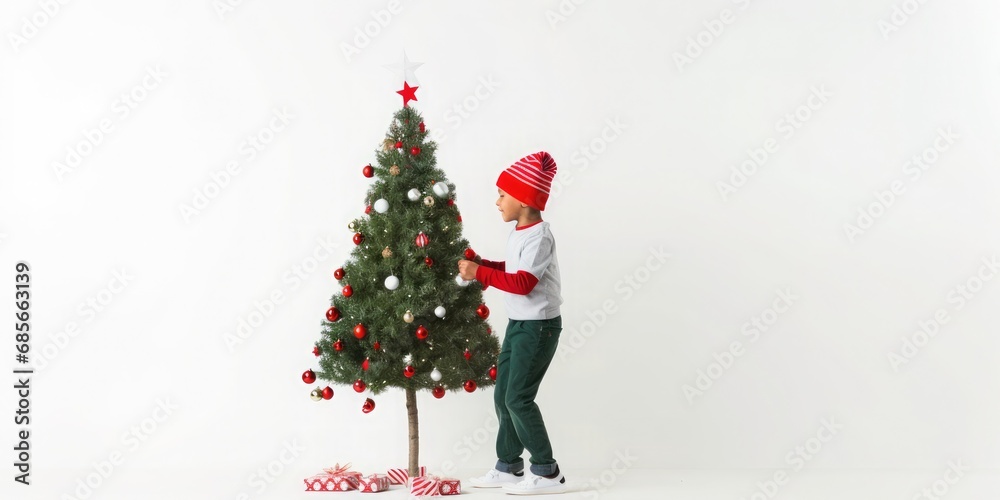 boy with santa hat on full body head to toe decorating christmas tree white background