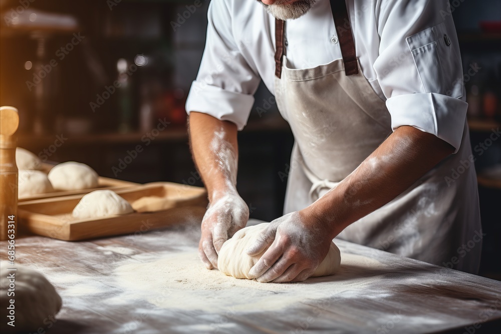 Skilled baker kneading dough in bakery   blurred background with copy space   vibrant photo
