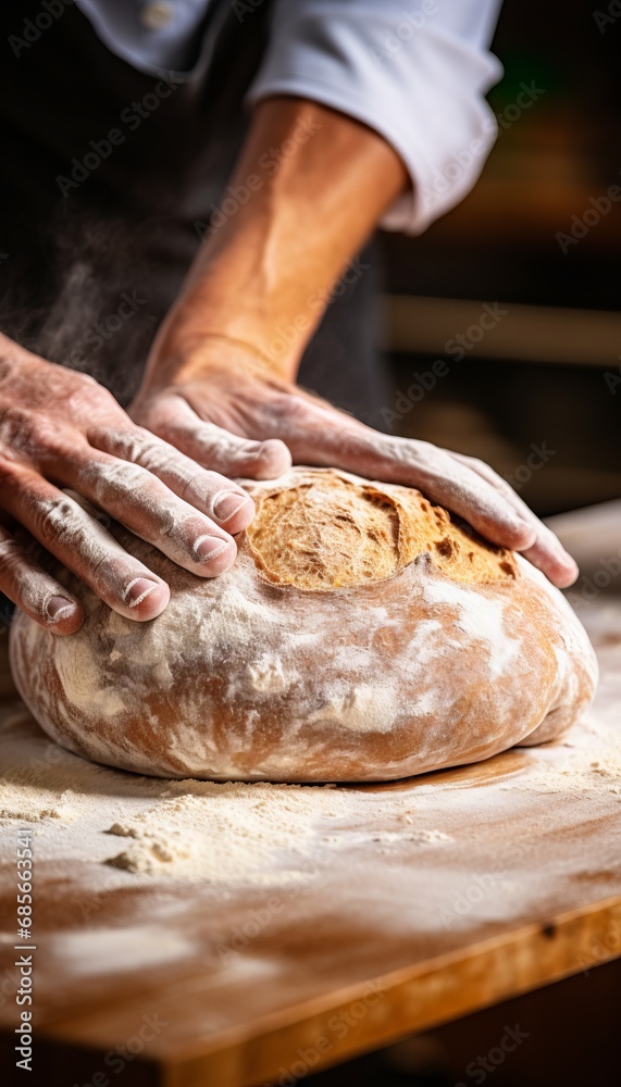 Skilled baker kneading dough in bakery with blurred background and copy space for text
