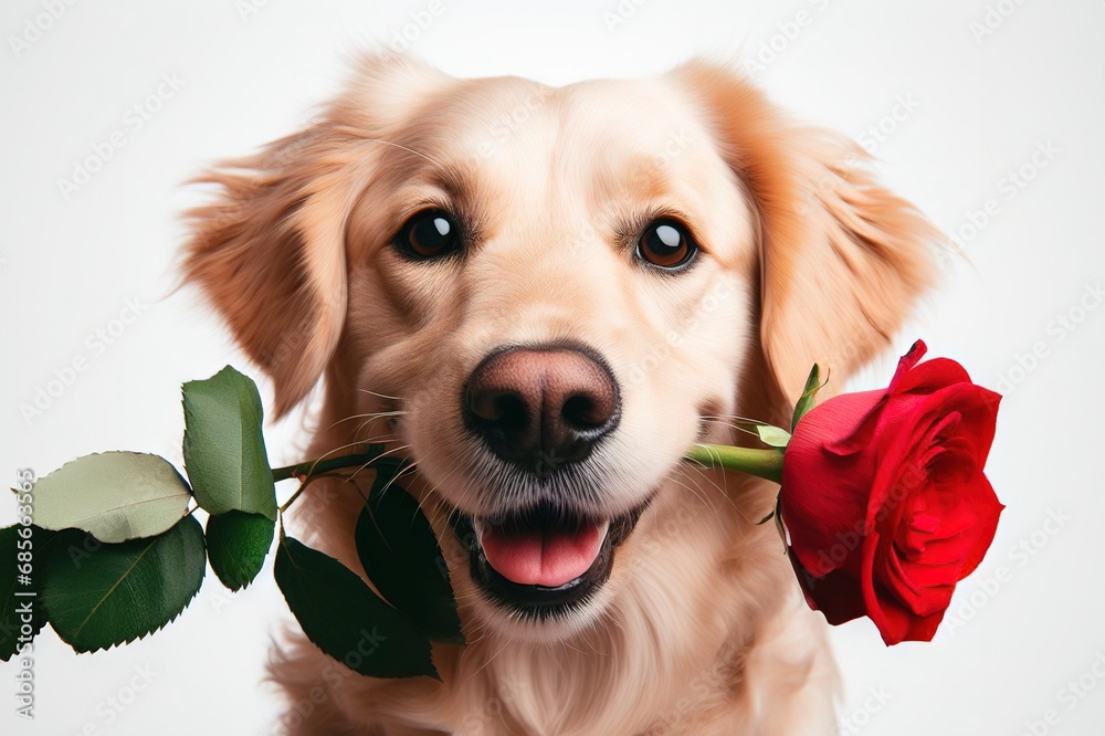 © Екатерина Переславце - Cute portrait dog sitting and looking at camera with red rose in its mouth, isolated on a white background, concept for holidays and greetings © Екатерина Переславце - Cute portrait dog sitting and looking at camera with red rose in its mouth, isolated on a white background, concept for holidays and greetings
