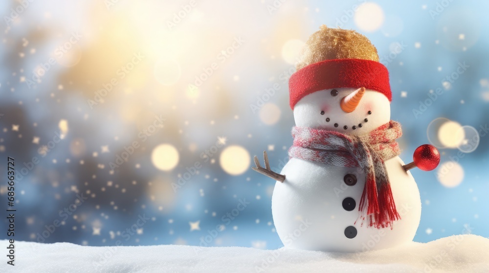 Winter Wonderland Christmas Background: Snowman, Bokeh and Festive Greeting Card with Copy-Space, Beautiful Blue Calm Celebration