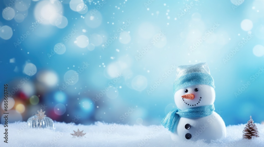 Winter Wonderland Christmas Background: Snowman, Bokeh and Festive Greeting Card with Copy-Space, Beautiful Blue Calm Celebration Winter Wonderland Christmas Background: Snowman, Bokeh and Festive Greeting Card with Copy-Space, Beautiful Blue Calm Celebration