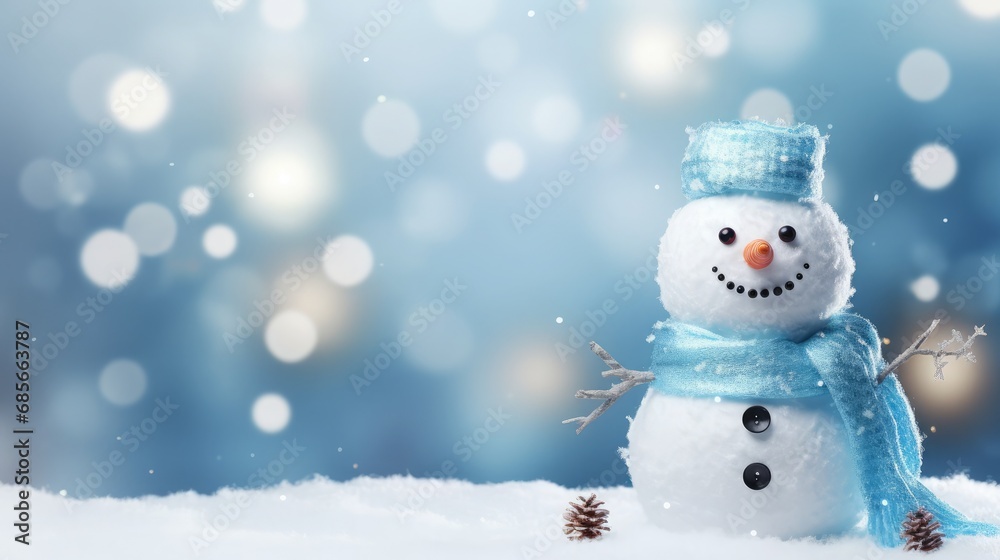 Winter Wonderland Christmas Background: Snowman, Bokeh and Festive Greeting Card with Copy-Space, Beautiful Blue Calm Celebration Winter Wonderland Christmas Background: Snowman, Bokeh and Festive Greeting Card with Copy-Space, Beautiful Blue Calm Celebration