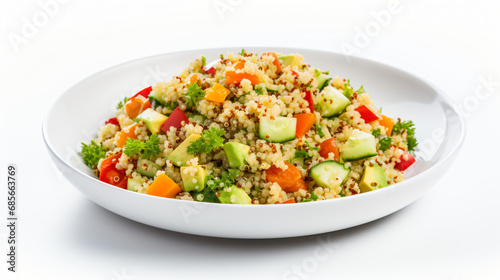 Quinoa salad with fresh vegetables on white background