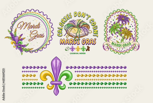 Carnival Mardi Gras labels with Fleur de Lis, holiday food, party streamers, strings of beads, text Vintage illustrations on white background For prints, clothing, t shirt, holiday goods, stuff design