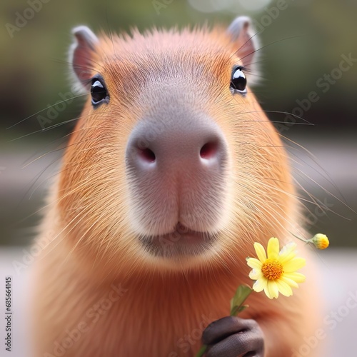 Cute capybara with butterfly holds flower in his hand on light background, greeting universal card for holidays, valentine, birthday and others photo
