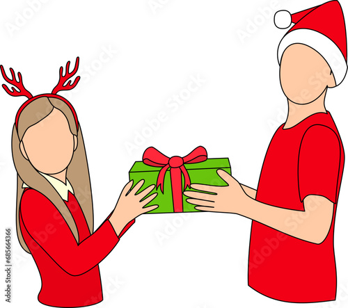 Two children in Christmas costumes exchanging gifts. Festive Gift Exchange Illustration. Christmas Celebration with Santa Hat and Reindeer Antlers, Perfect for Holiday-Themed Designs.