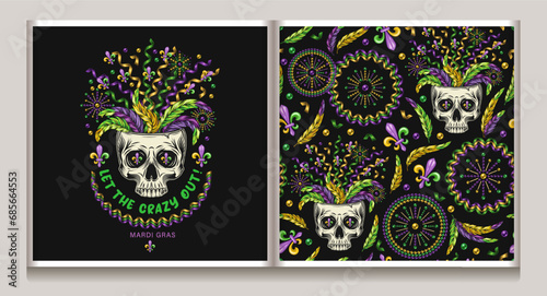Carnival Mardi Gras pattern, label with half human skull, feathers, flying apart party streamers, confetti. Festive holiday illustration with Fleur de Lis, feathers, spiral ribbons