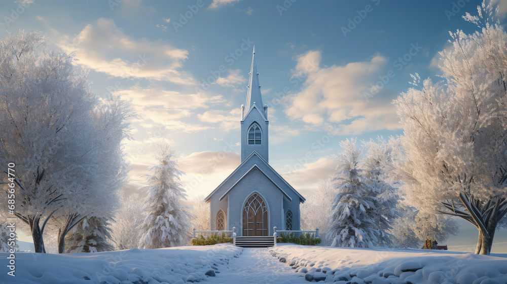 Winter landscape with church and trees in hoarfrost. 