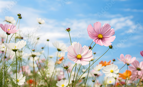 Beautiful flowers bloom against a blue sky in a spring field.