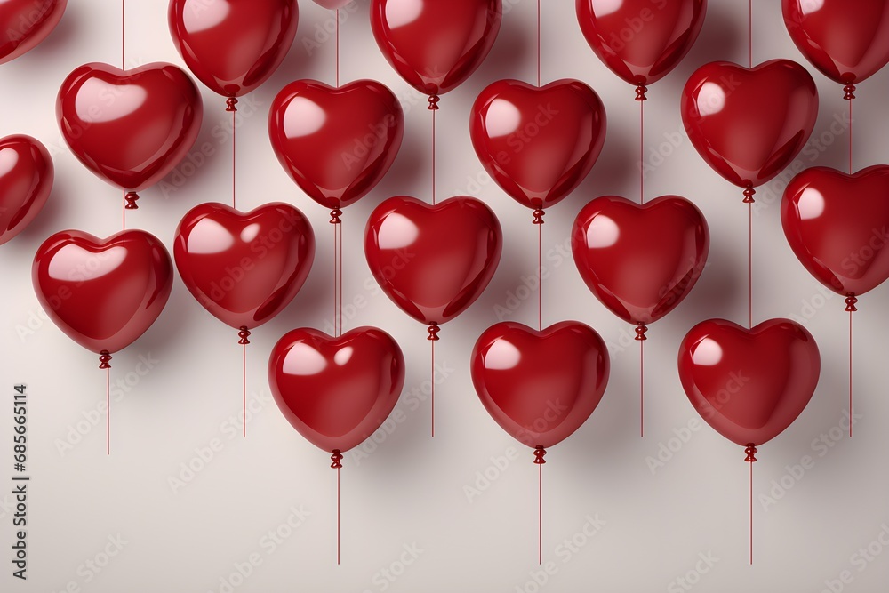 Red heart-shaped balloons for Valentine's Day, symbolizing love and affection.