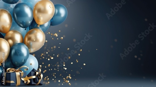  Holiday celebration background with blue gold balloons, gift boxes and confetti. Happy holiday greeting card, party banner, invitation or certificates with copy space
