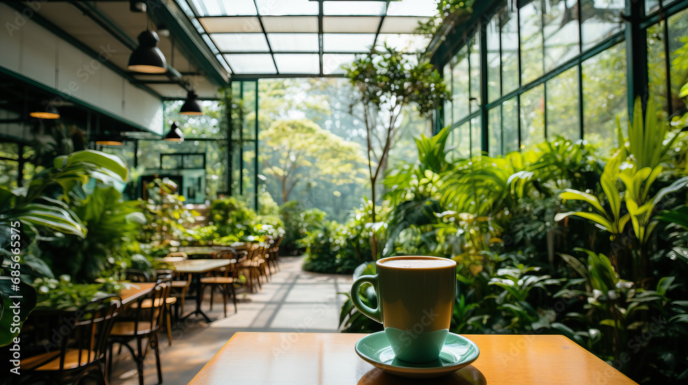 Cup of coffee in a restaurant in the garden created with Generative AI technology