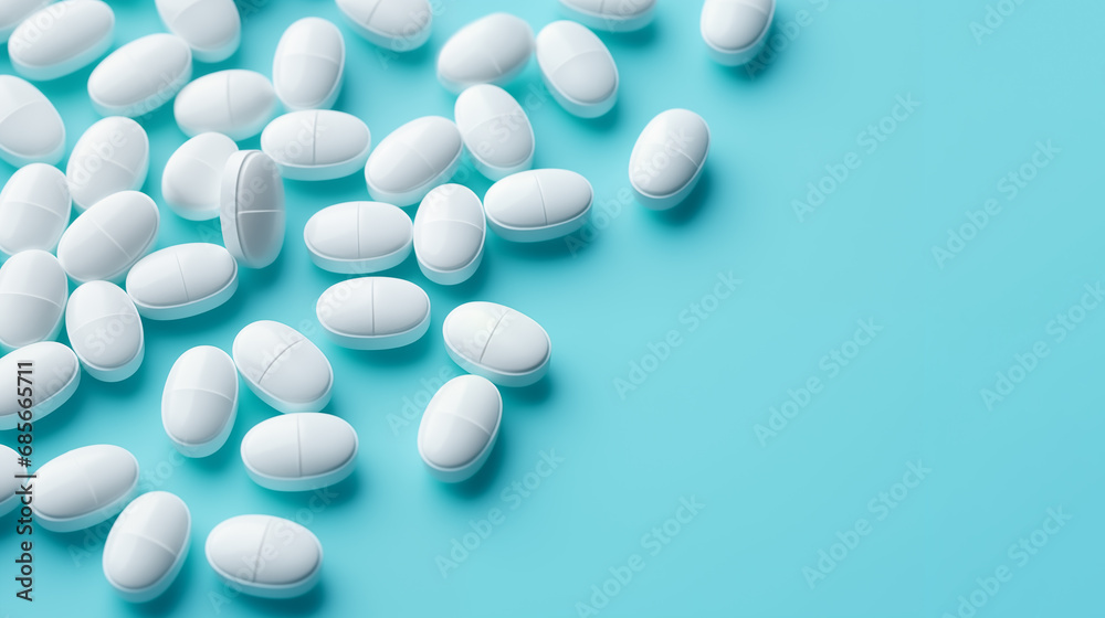 Healthcare Essentials: White Pills Scattered on a Blue Background