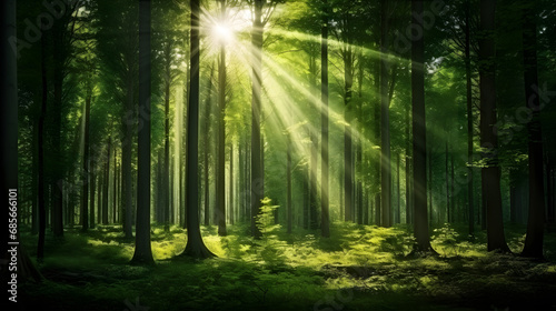 autumn forest trees. nature green wood sunlight backgrounds. Generative AI. © sahin